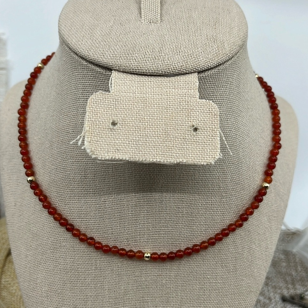 Vintage Carnelian Bead Necklace 14K Gold Accent Beads Estate Jewelry